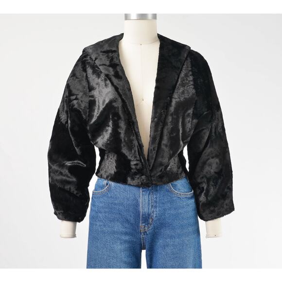 Vintage 50s 60s Black Faux Fur Dolman Sleeve Deep V Neck Cropped Jacket S M - Picture 3 of 7